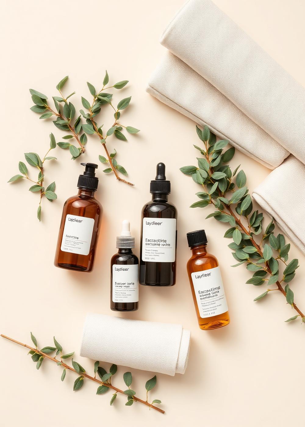 Skincare products and eucalyptus