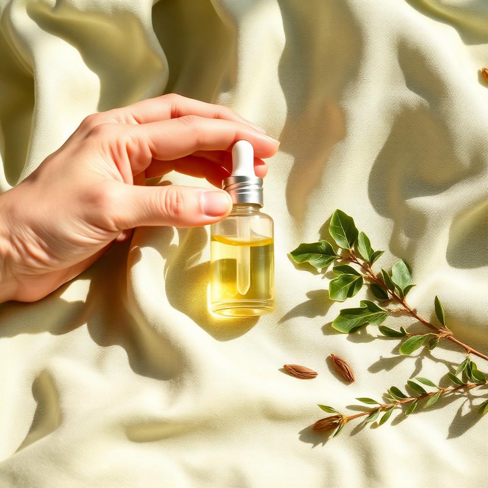 Serum dropper on soft linen